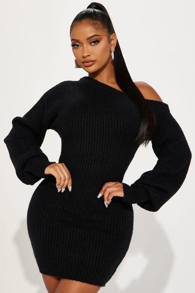 Black off the shoulder mini sweater dress from adorastar.com. Features long puff sleeves, a bodycon fit, and a mini length. 