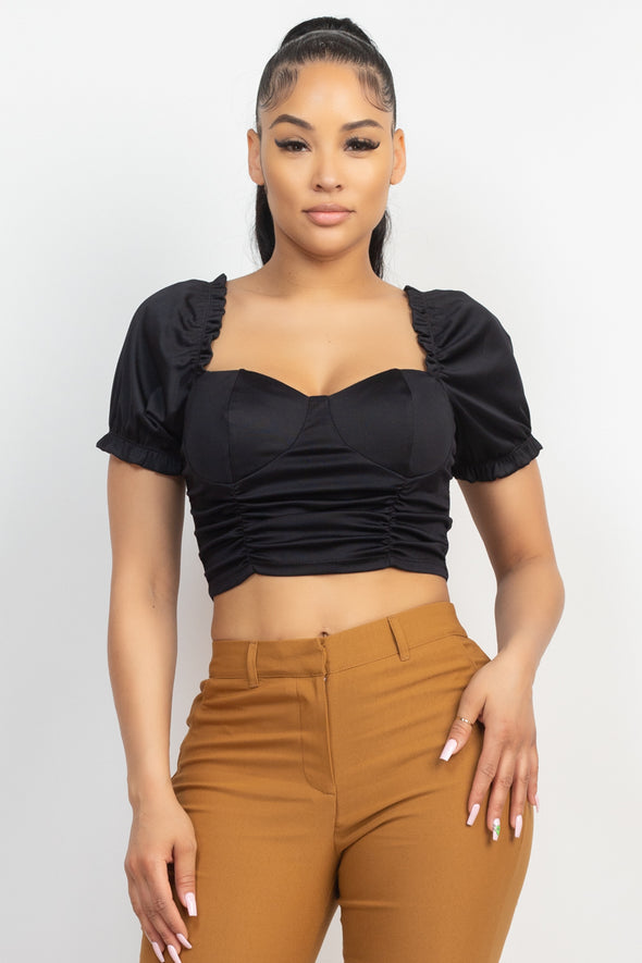 Black Ruffle Trim Short Sleeve Bustier Crop Top