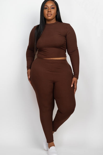 Plus Brown Rib Knit Long Sleeve Crop Top & Leggings Set
