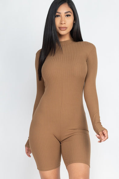 Brown Fitted Long Sleeve Romper Shorts