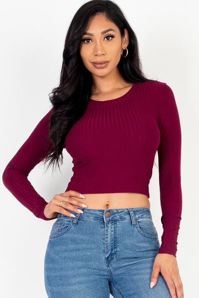 Burgundy Round Neck Basic Long Sleeve Crop Top