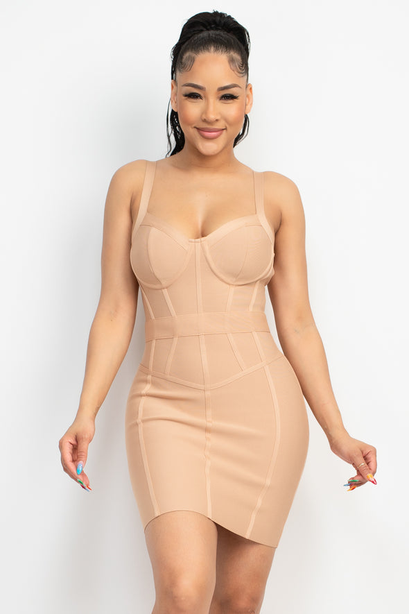 Bustier bandage beige mini dress from AdoraStar.com. Features a sweetheart neckline and a bodycon fit.