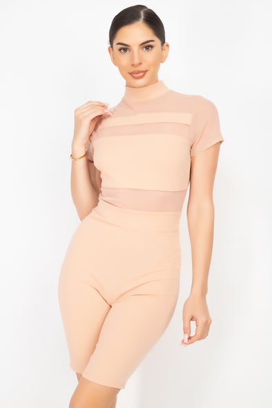 Nude Striped Sheer Biker Short Romper