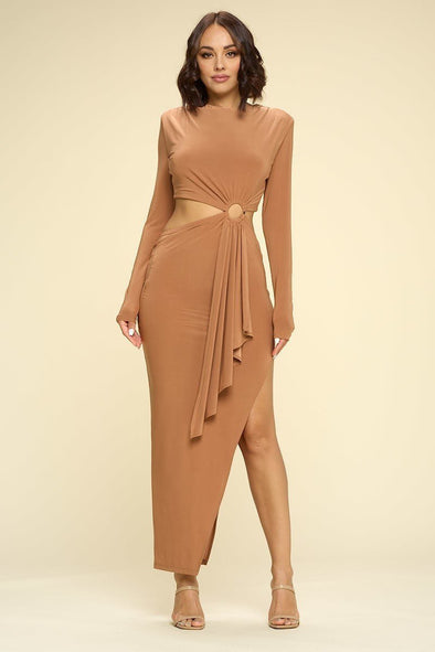 Camel Cut Out Draped Accent Bodycon Maxi Dress