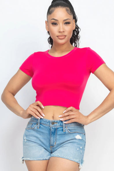 Hot Pink Round Neck Short Sleeve Crop Top