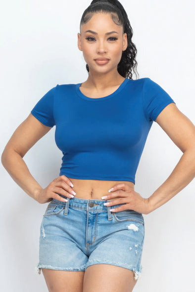 Blue Round Neck Short Sleeve Crop Top