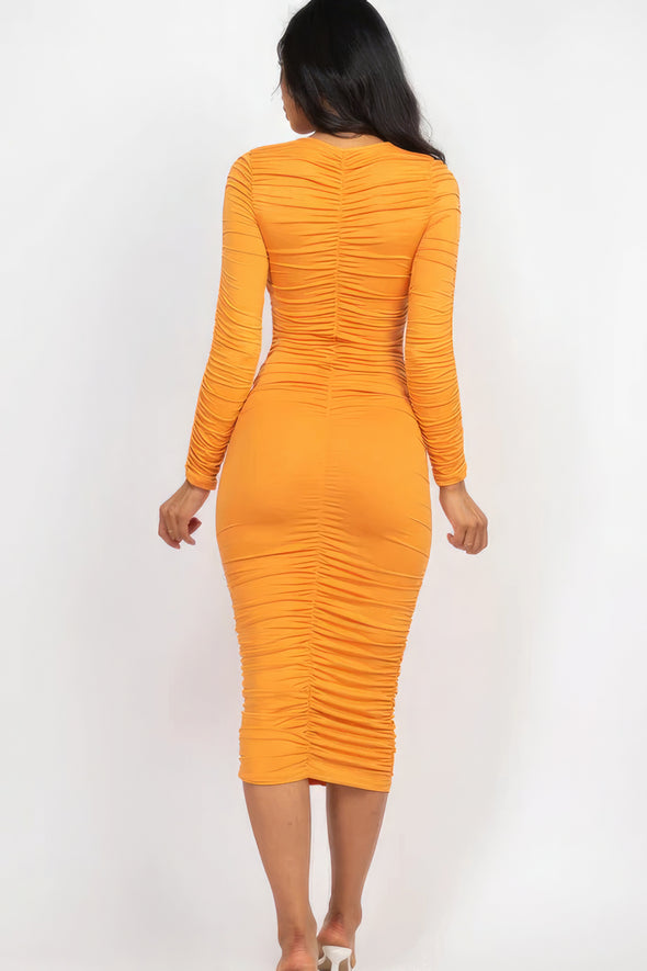 Bright Orange Ruched Long Sleeve Bodycon Midi Dress