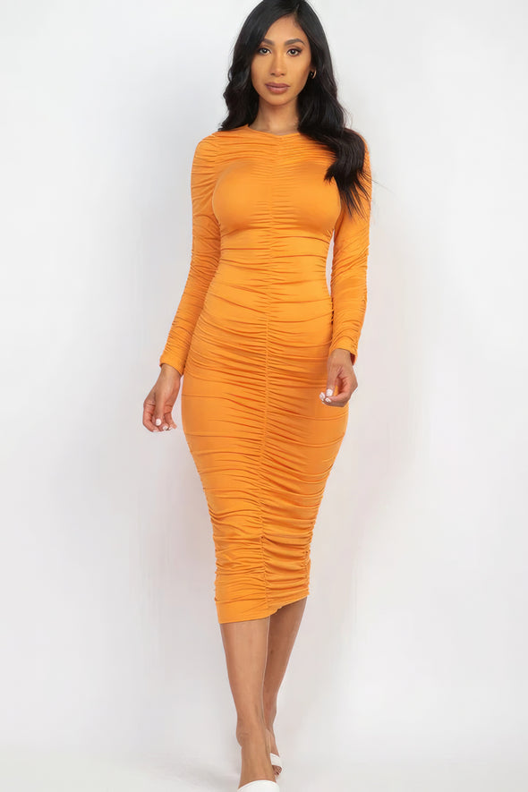 Bright Orange Ruched Long Sleeve Bodycon Midi Dress