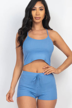 Sky Blue Cami Crop Top & Shorts Set