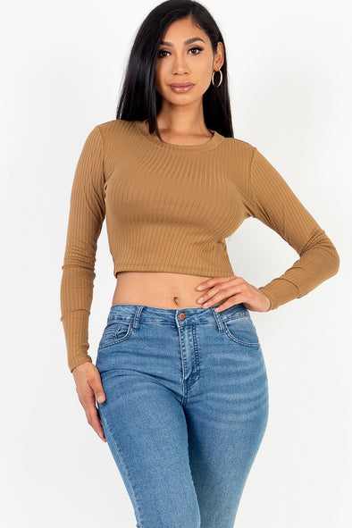 Camel long sleeve crew neck top from adorastar.com. Features a round neck, rib knit fabric, and a cropped length.