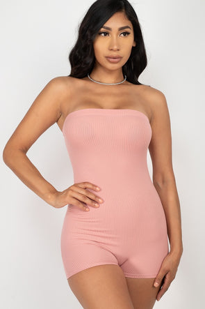 Mauve Pink Ribbed Knit Strapless Romper