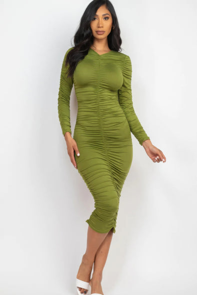 Olive Green Ruched Long Sleeve Bodycon Midi Dress