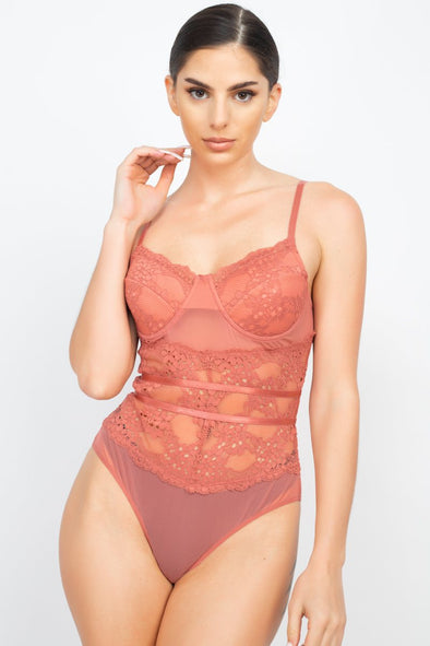 Pink Sheer Lace Floral Bodysuit from adorastar.com. Features a sweetheart neck, cami straps, and padded cups with underwire.