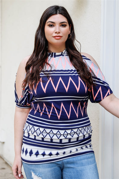 Plus size blue geometric cold shoulder top from www.adorastar.com. Features a geometric print, short sleeves, and a tie back.