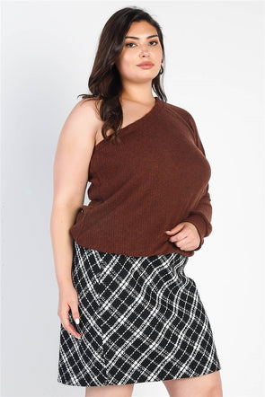 Plus Size Brown Rib Knit One Shoulder Top from www.adorastar.com. Features a single cuffed long sleeve and a relaxed fit.