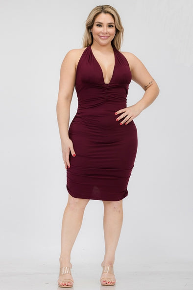 Plus Burgundy Plunging Neck Bodycon Midi Dress