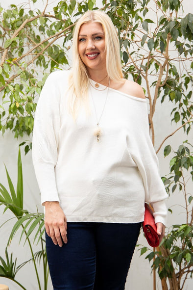 Plus size off the shoulder sweater from adorastar.com. Featured in white with soft knit material and ribbed cuffs and hem.