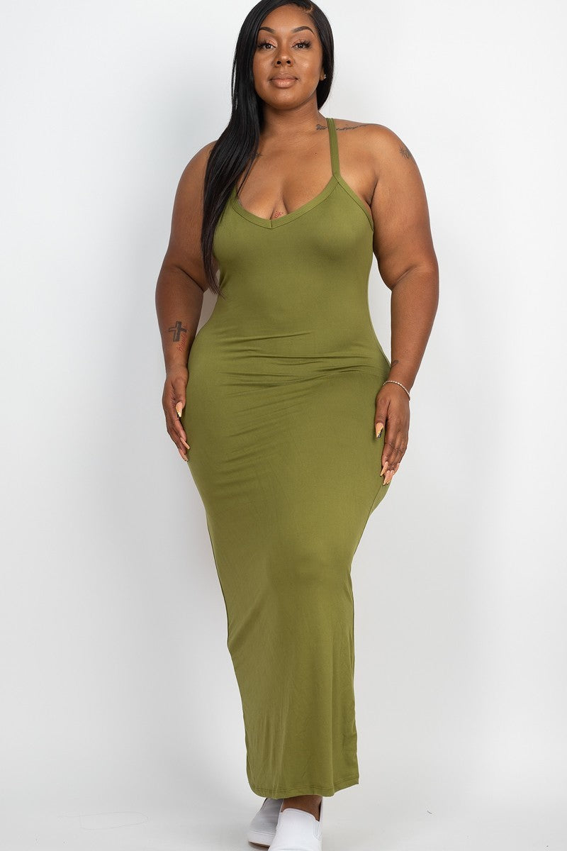 plus size olive green bodycon dress Plus Size - Olive Green Jersey Crisscross Shirred Maxi Dress