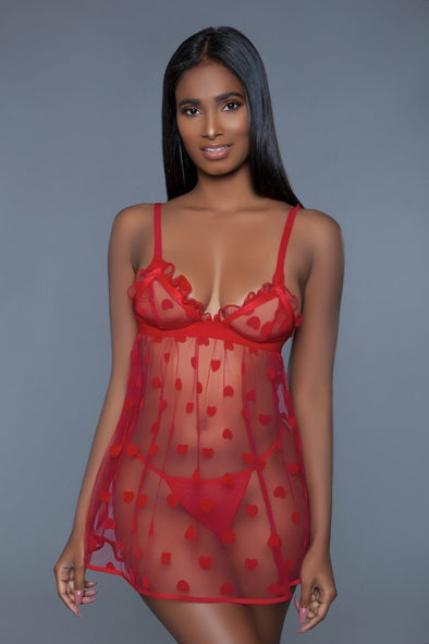 Red Heart Lingerie Slip Dress at AdoraStar.com. Features a plunging neck, adjustable cami straps, mesh fabric, & a mini length.