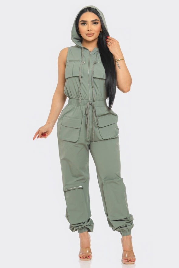 Sleeveless Tie Waist Zip Front Cargo Jumpsuit