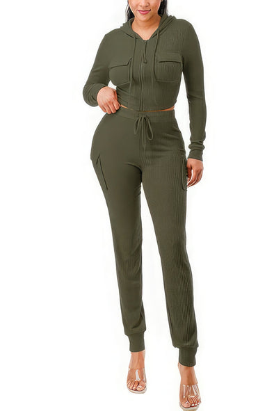 Olive Green Rib Knit Long Sleeve Hoodie & Jogger Set