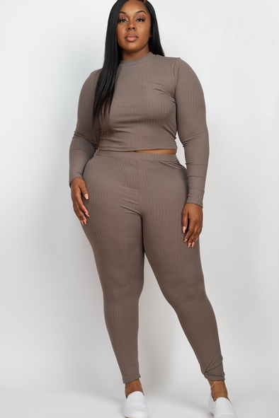 Taupe plus size leggings and top set from adorastar.com. Features a round neck, long sleeve crop top, and rib knit material.