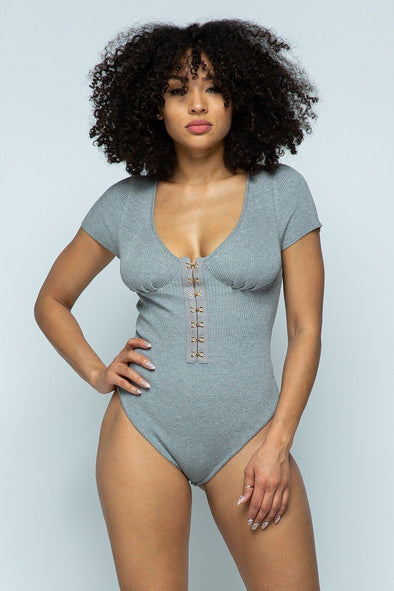 Grey Ribbed Knit Hook & Eye Short Sleeve Bodysuit