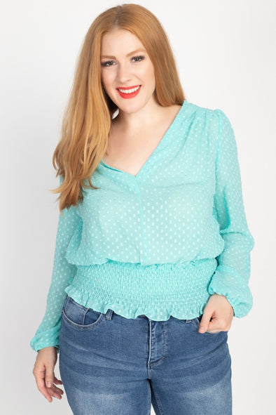 Plus Mint Swiss Dot Smocked Waist V-Neck Blouse