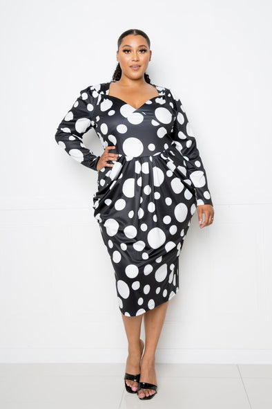 Plus Black Polka Dot Ruched Waist Midi Dress