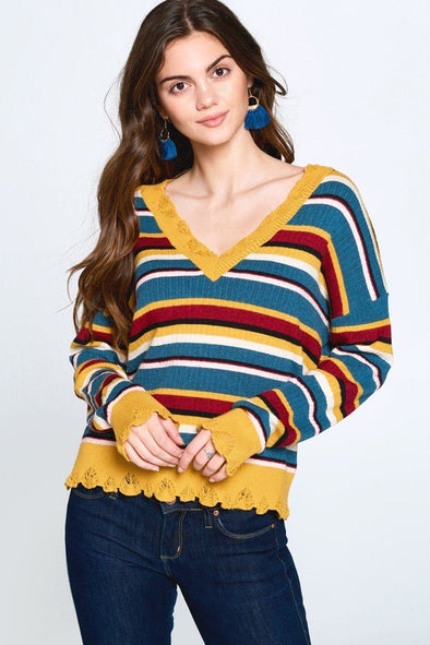 Mustard Multi Stripe V Neck Knit Sweater