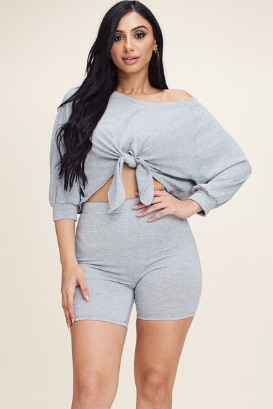 Heather Grey Tie Front Off-the-Shoulder Top & Short Set