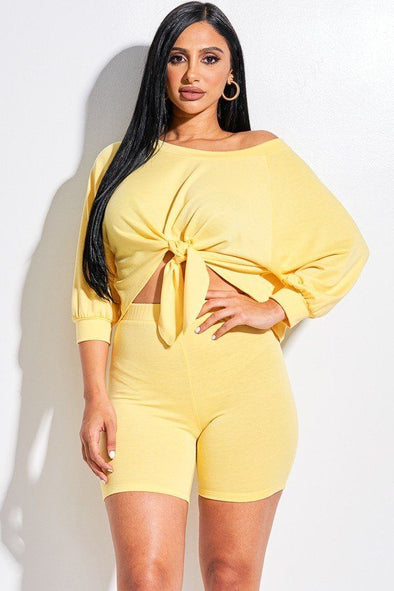 Yellow Tie Front Off-the-Shoulder Top & Short Set