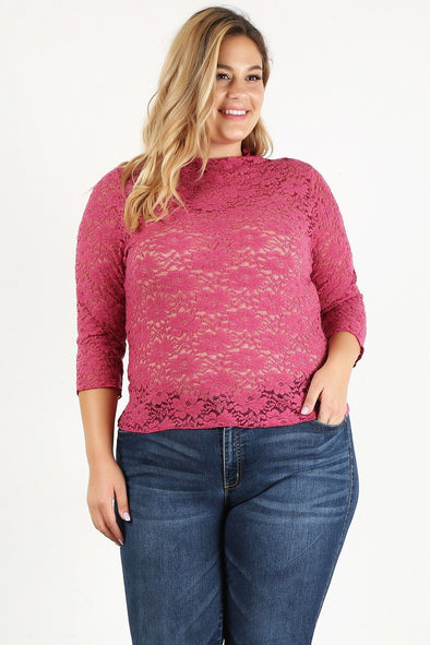 Plus Magenta Sheer Floral Lace Fitted Top