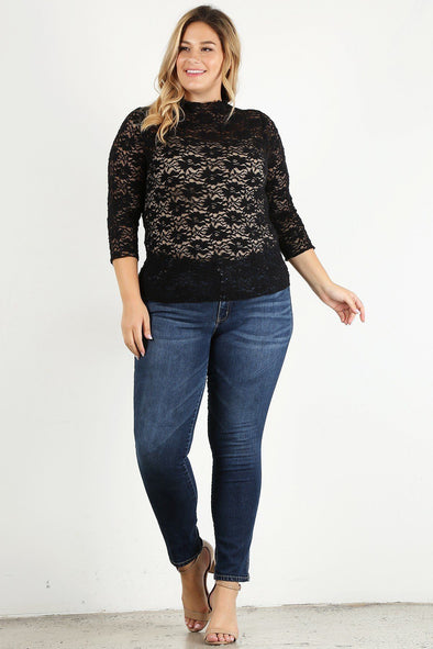 Plus Black Sheer Floral Lace Fitted Top