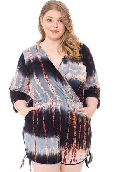 Plus Black Tie Dye Wrap Front Romper