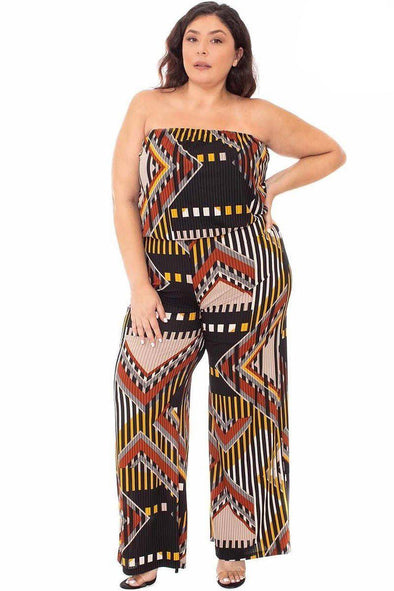 Plus Black Abstract Print Strapless Wide Leg Jumpsuit