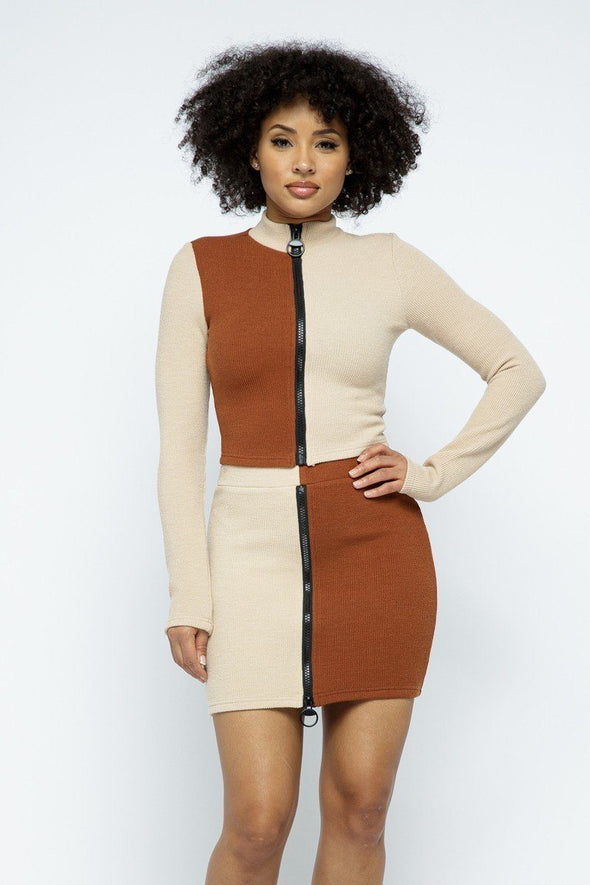 Chestnut Color Block Zip Front Top & Skirt Set