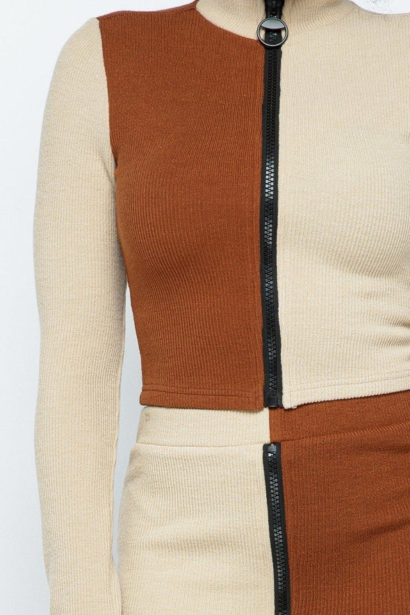 Chestnut Color Block Zip Front Top & Skirt Set