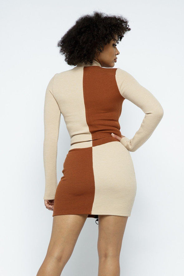 Chestnut Color Block Zip Front Top & Skirt Set