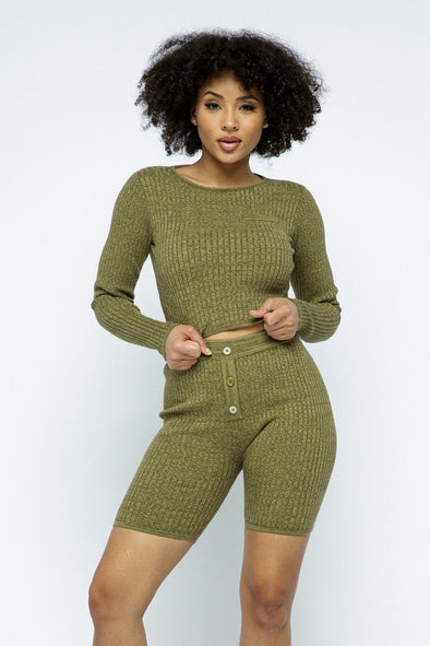 Olive Knitted Crop Top & Button Detail Short Set