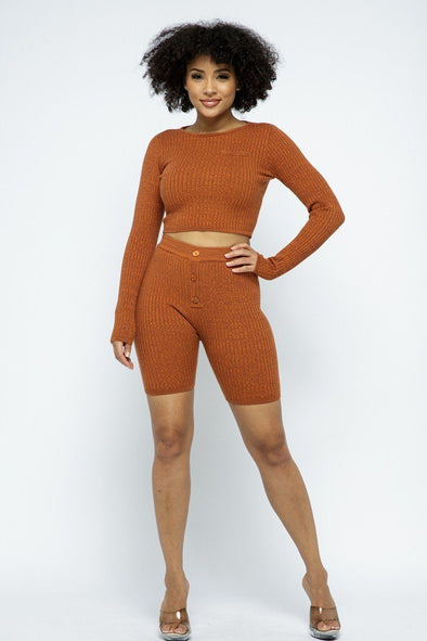 Rust Knitted Crop Top & Button Detail Short Set