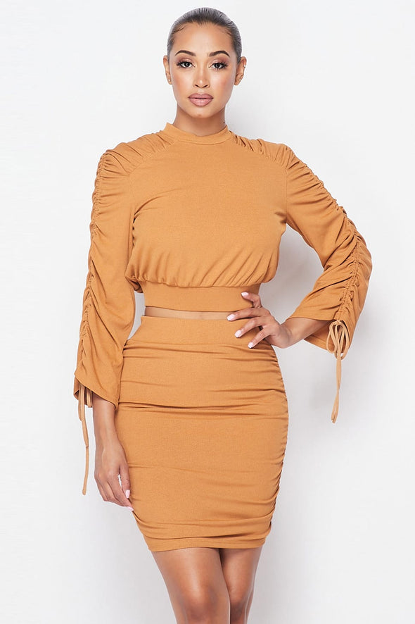 Camel Ruched Two-Piece Mini Skirt Set