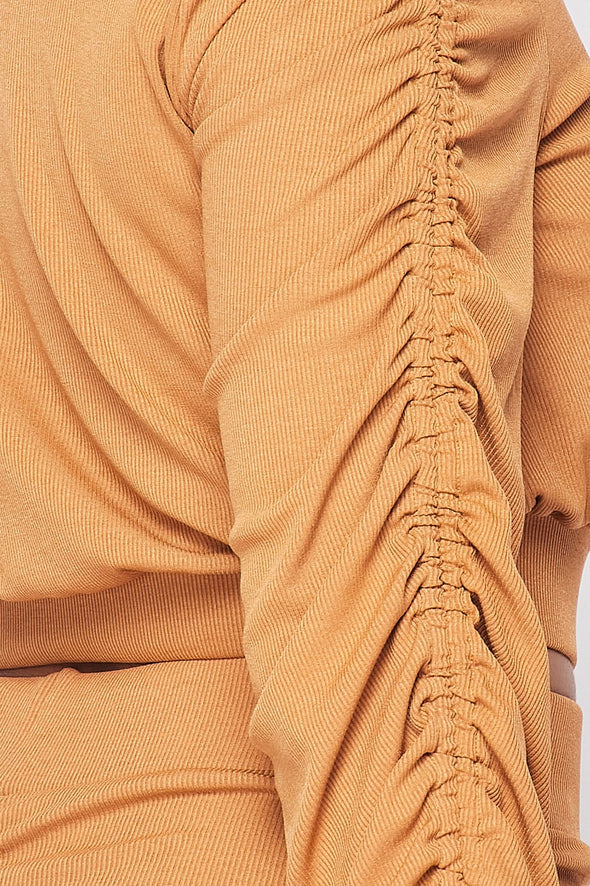Camel Ruched Two-Piece Mini Skirt Set