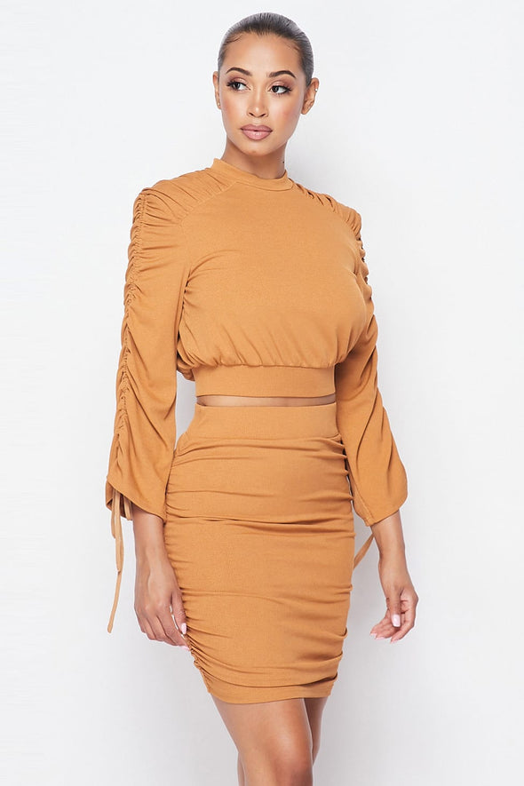 Camel Ruched Two-Piece Mini Skirt Set