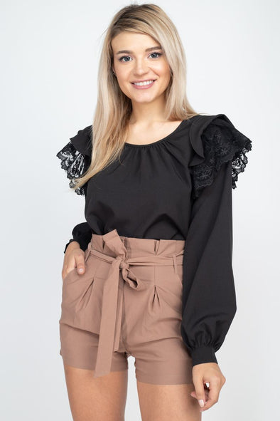 Black Ruffle & Lace Shoulder Balloon Sleeve Blouse