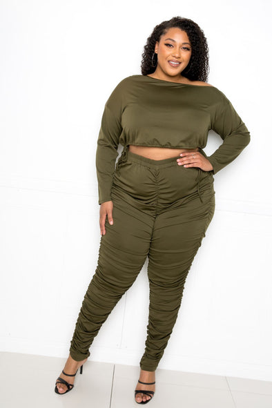 Plus Olive Off-the-Shoulder Crop Top & Legging Set