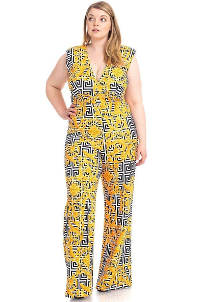 Plus Yellow Greek Key Print Wide Leg Jumpsuit