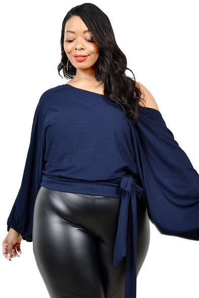 Plus Navy Tie Waist Long Balloon Sleeve Blouse