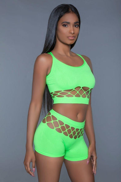 Neon Green Fishnet Crop Top & Short Set