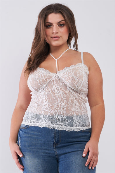 Plus White Sheer Floral Lace Cami